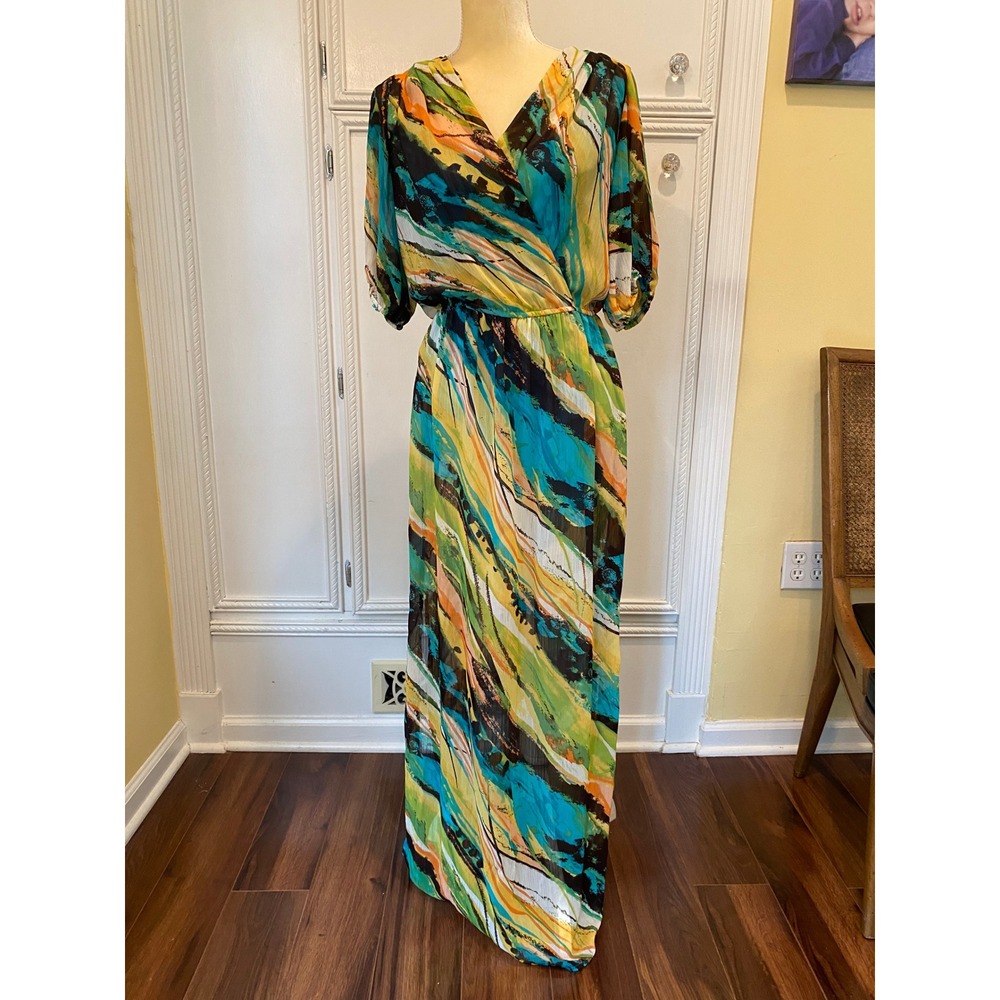 Bisou Bisou Michele Bohbot Abstract Print Maxi Dress Green Blue Wrap V-Neck 8